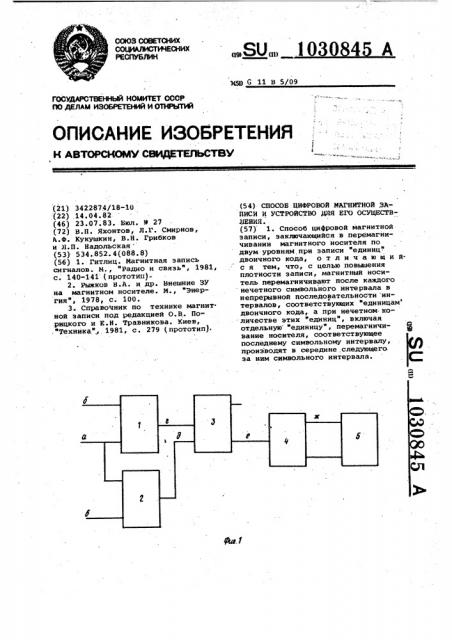 Способ цифровой магнитной записи и устройство для его осуществления (патент 1030845)