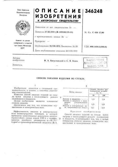 Способ закалки изделий из стекла (патент 346248)