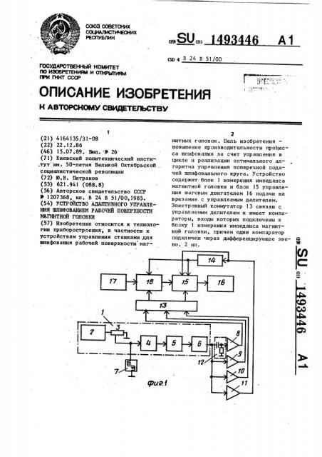 Устройство адаптивного управления шлифованием рабочей поверхности магнитной головки (патент 1493446)