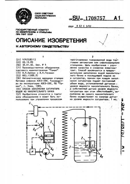 Способ заполнения сатуратора водой из накопительного бачка (патент 1708757)