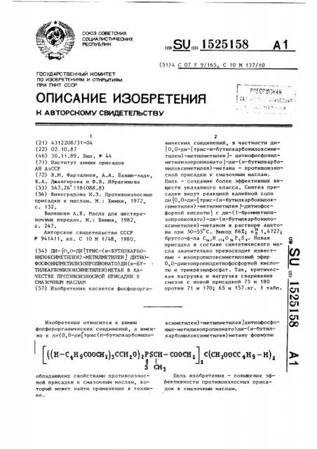 Ди-(0,0-ди-[трис-(н-бутилкарбонилоксиметилен)-метилметилен]- дитиофосфонилметилизопропионато)-ди=(н- бутилкарбонилоксиметилен)-метан в качестве противоизносной присадки к смазочным маслам (патент 1525158)