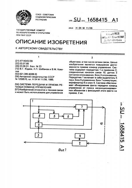 Система передачи и приема речевых команд управления (патент 1658415)