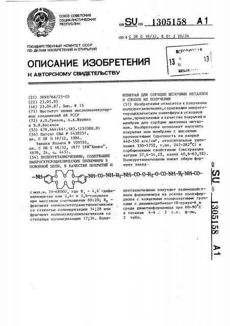 Полиуретанмочевины,содержащие макрогетероциклические полиэфиры в основной цепи,в качестве покрытий и мембран для сорбции щелочных металлов и способ их получения (патент 1305158)