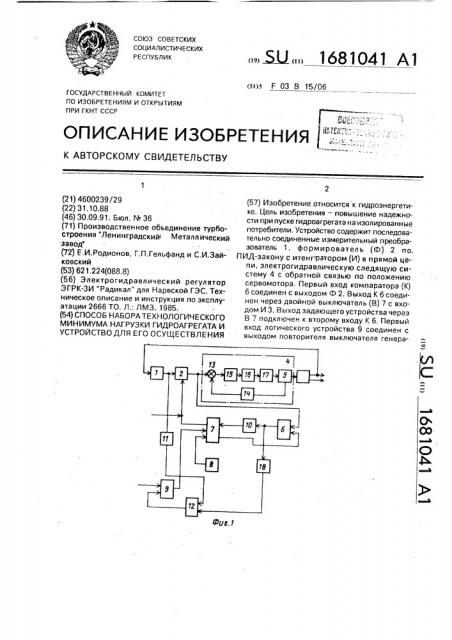 Способ набора технологического минимума нагрузки гидроагрегата и устройство для его осуществления (патент 1681041)