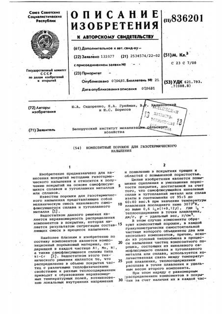 Композитный порошок для газотерми-ческого напыления (патент 836201)