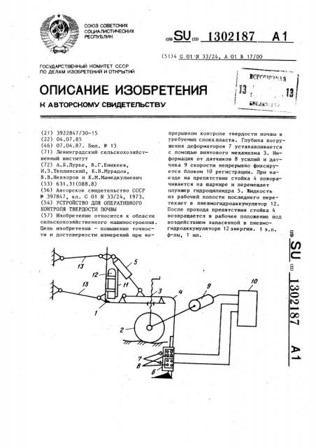 Устройство для оперативного контроля твердости почвы (патент 1302187)