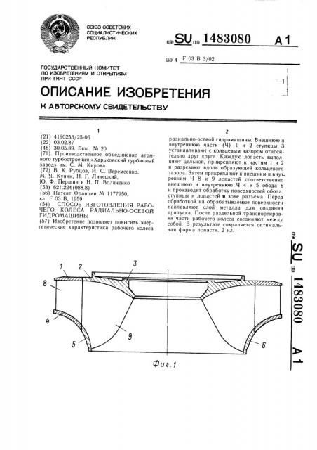 Способ изготовления рабочего колеса радиально-осевой гидромашины (патент 1483080)