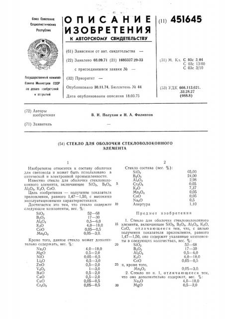 Стекло для оболочки стекловолоконного элемента (патент 451645)