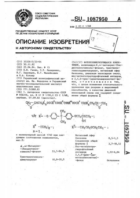 Фотополимеризующаяся композиция (патент 1087950)