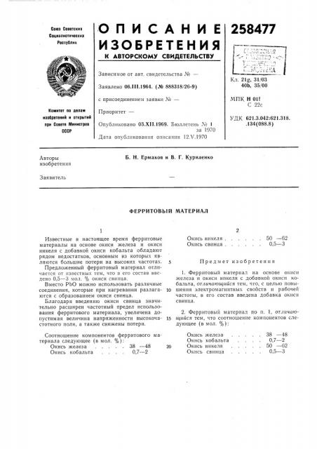 Ферритовый материал (патент 258477)
