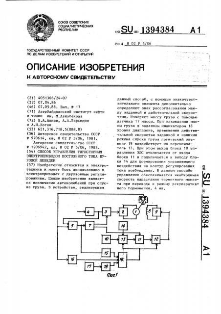 Способ управления тиристорным электроприводом постоянного тока буровой лебедки (патент 1394384)