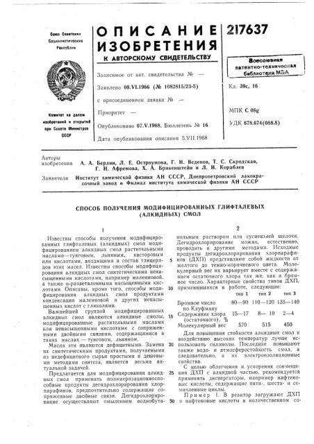 Способ получения модифицированных глифталевых(алкидных) смол (патент 217637)