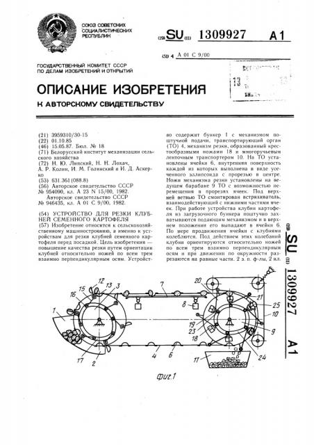 Устройство для резки клубней семенного картофеля (патент 1309927)