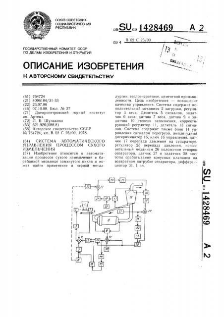 Система автоматического управления процессом сухого измельчения (патент 1428469)