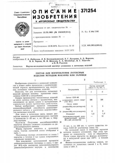 Состав для изготовления латексных изделий методом макания или заливки (патент 371254)