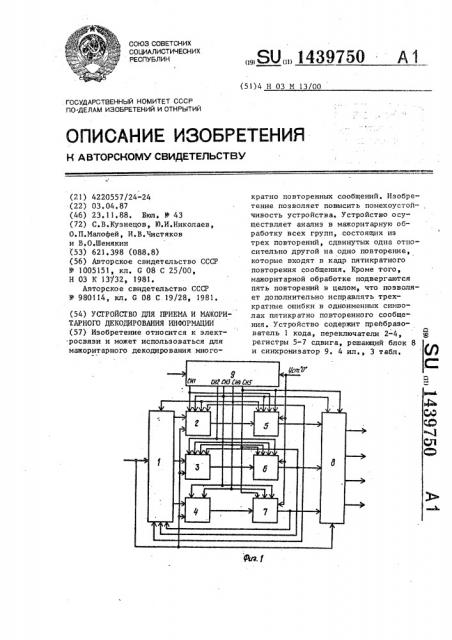 Устройство для приема и мажоритарного декодирования информации (патент 1439750)