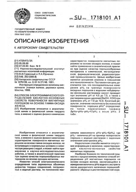 Способ электрохимического определения кислотно-основных свойств поверхности магнитных порошков на основе гамма- оксида железа (патент 1718101)