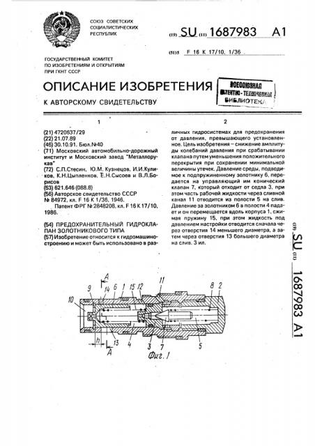 Предохранительный гидроклапан золотникового типа (патент 1687983)