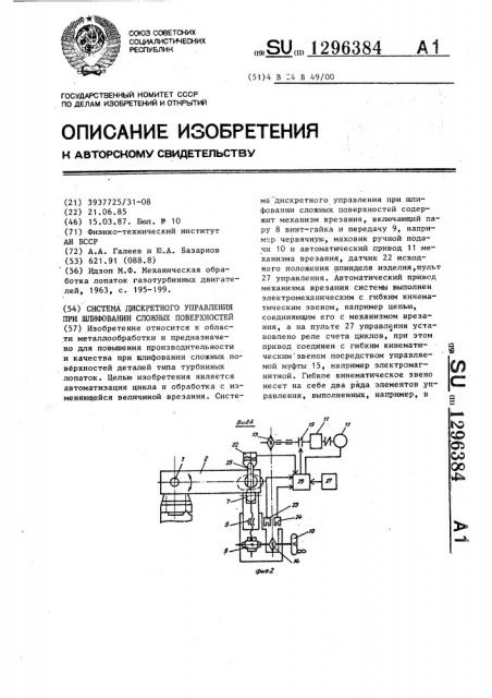 Система дискретного управления при шлифовании сложных поверхностей (патент 1296384)