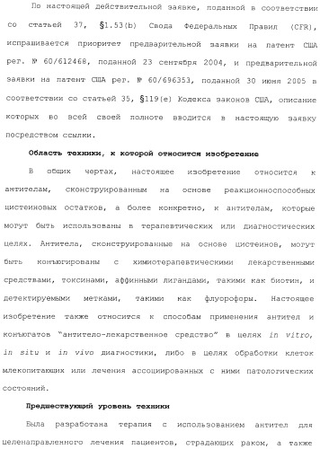 Антитела, сконструированные на основе цистеинов, и их конъюгаты (патент 2412947)