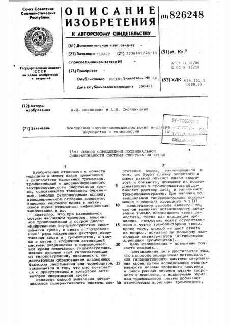 Способ определения поткнциальноя гиперактивности cиcte^щ свертывания кровн1изобретение относится к области медицины и может найти применение в диагностике массивных тромбозов, тромбоэмболии и диссеминированного в-нутрисосудистого свертывания кро- 5 аи, осложняющего токсикозы беременных, эмболии околоплодными водами, пре>&вдевременной отслойки плаценты, задержки мертвого плода в матке, шоков любой этиологии, инфекционных 10 3 аболеваний.. и др.известно, что. при развившемся остром массивном тромбозе, массивной тромбоэмболии и остром диссеминированном внутрисосудистом свер- 15 тьшании крови, в связи с 