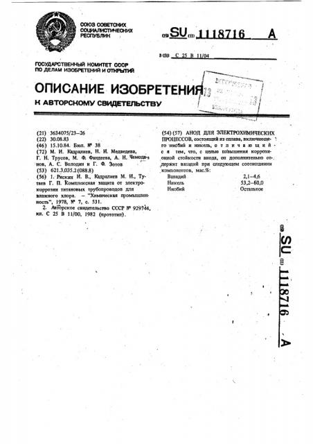 Анод для электрохимических процессов (патент 1118716)