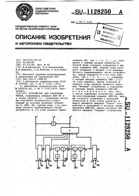 Устройство для сравнения чисел (патент 1128250)