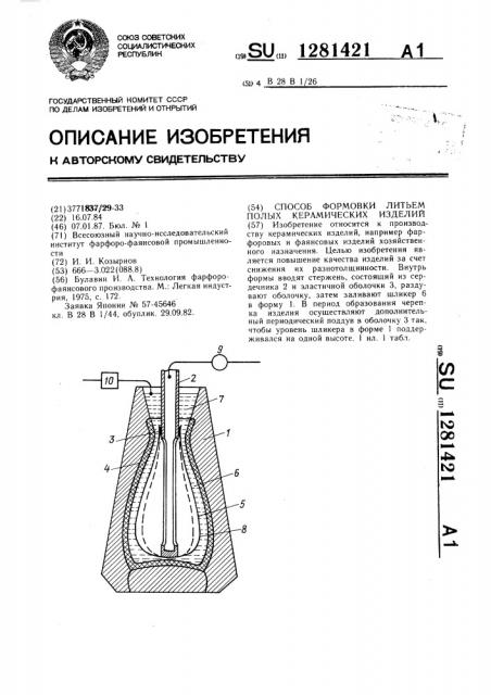 Способ формовки литьем полых керамических изделий (патент 1281421)