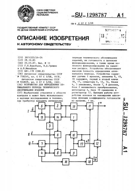 Устройство для определения оптимального периода технического обслуживания изделий (патент 1298787)