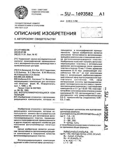 Фотополимеризующая композиция (патент 1693582)