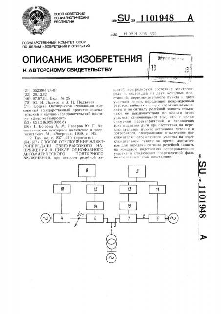 Способ отключения электропередачи сверхвысокого напряжения в цикле однофазного автоматического повторного включения (патент 1101948)