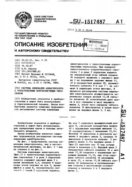 Система индикации авиагоризонта с трехстепенным корректируемым гироскопом (патент 1517487)