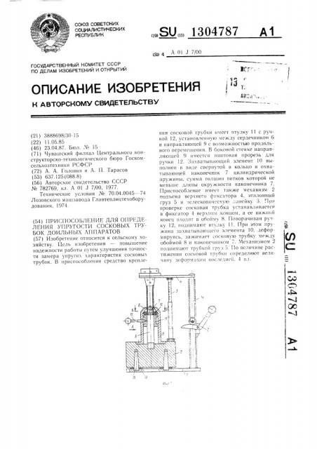 Приспособление для определения упругости сосковых трубок доильных аппаратов (патент 1304787)