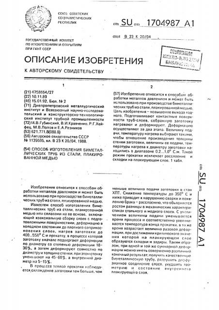 Способ изготовления биметаллических труб из стали, плакированной медью (патент 1704987)