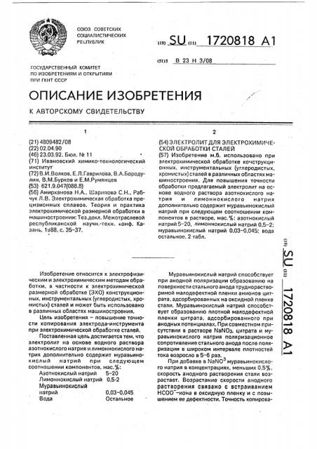 Электролит для электрохимической обработки сталей (патент 1720818)