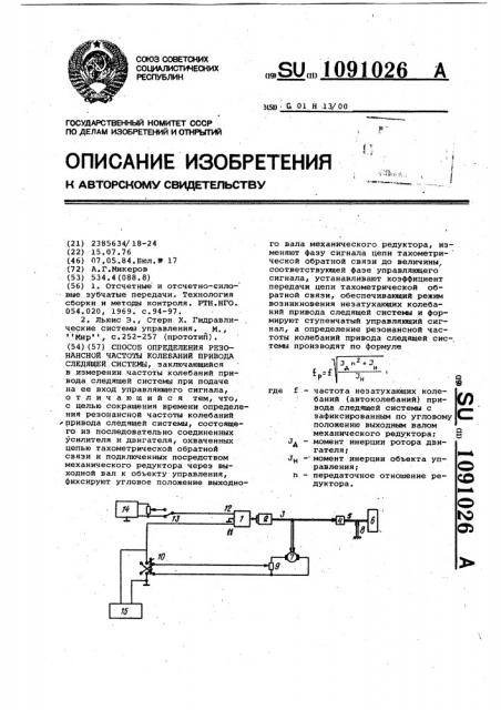 Способ определения резонансной частоты колебаний привода следящей системы (патент 1091026)