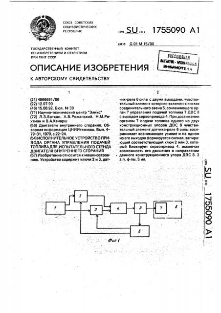 Исполнительное устройство привода органа управления подачей топлива для испытательного стенда двигателей внутреннего сгорания (патент 1755090)