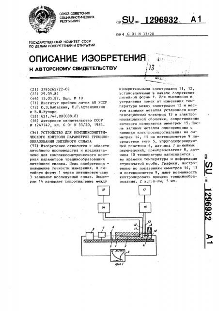 Устройство для комплексометрического контроля параметров трещинообразования литейного сплава (патент 1296932)