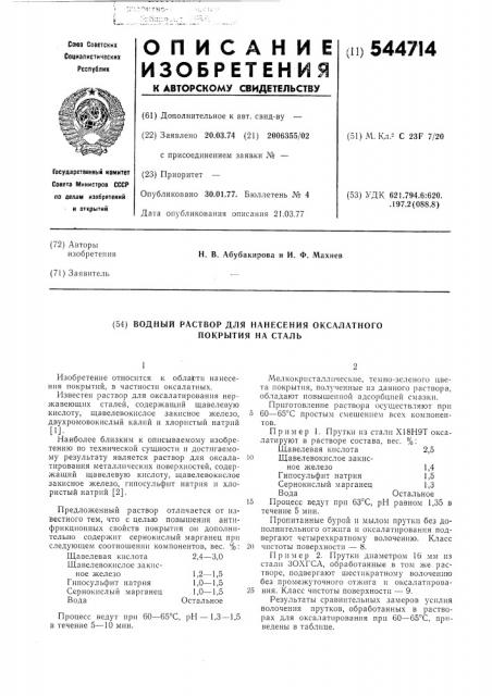 Водный раствор для нанесения оксалатного покрытия на сталь (патент 544714)