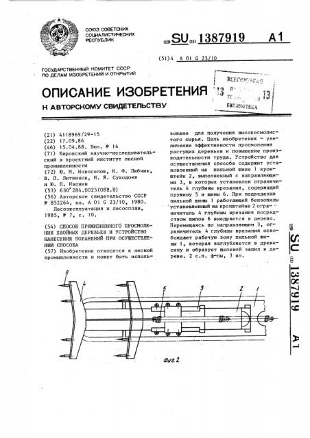 Способ прижизненного просмоления хвойных деревьев и устройство для нанесения поранений при осуществлении способа (патент 1387919)