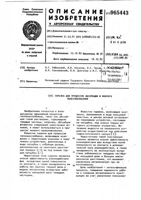 Тарелка для процессов абсорбции и мокрого пылеулавливания (патент 965443)