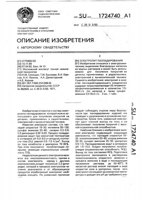 Электролит палладирования (патент 1724740)