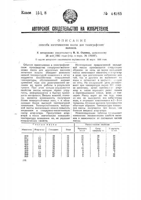 Способ изготовления массы для типографских валиков (патент 46265)