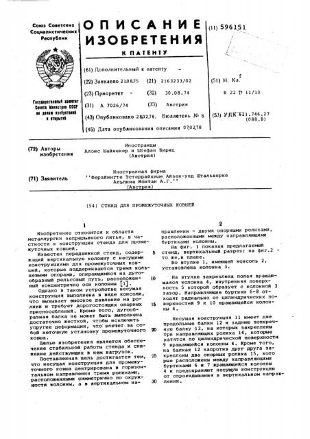 Стенд для промежуточных ковшей (патент 596151)