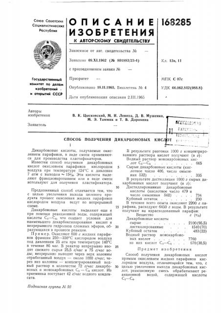 Способ получениядикарбоновые кислоты, получаемые окислением парафинов, в виде смеси применяются для производства пластификаторов.известен способ получения дикарбоновых кислот окислением парафинов кислородом воздуха при температуре 124°с и давлении 7 атм с выходом ~ iso/o. эти кислоты выделяют фракционированием или в виде смеси используют для получения пластификатора.предложенный способ отличается тем, что с целью увеличения выхода целевого продукта процесс окисления жидких парафинов кислородом воздуха ведут по непрерывной схеме.дикарбоновые кислоты выделяют еще и при помощи реакционной воды, содержащей кислоты ci—€4, что создает условия для наименьшего декарбоксилирования кислот и непрерывного гидролиза сложных эфиров, образующихся в процессе реакции.пример. окисляют 600 г жидких парафинов фракции 250—350°с кислородом воздуха под давлением 25 ати при температуре 140°с в течение 86 час. в реактор непрерывно вводят свежего сырья 25,5 г/час и 75 г/час воды; непрерывно выводят через верх колонны отработанный воздух — около 1000 г/час; через низ колонны — концентрированный водный раствор в количестве 72 г/час дикарбоновых и монокарбоновых ci — 04 кислот. из приемника поступает 42 г/час водного конденсата. (патент 168285)