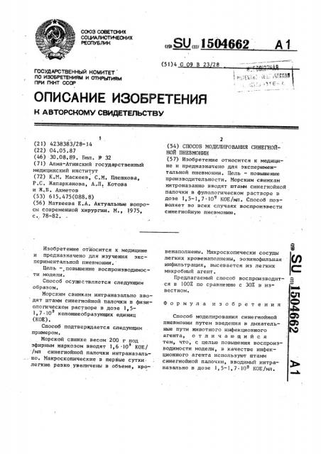 Способ моделирования синегнойной пневмонии (патент 1504662)