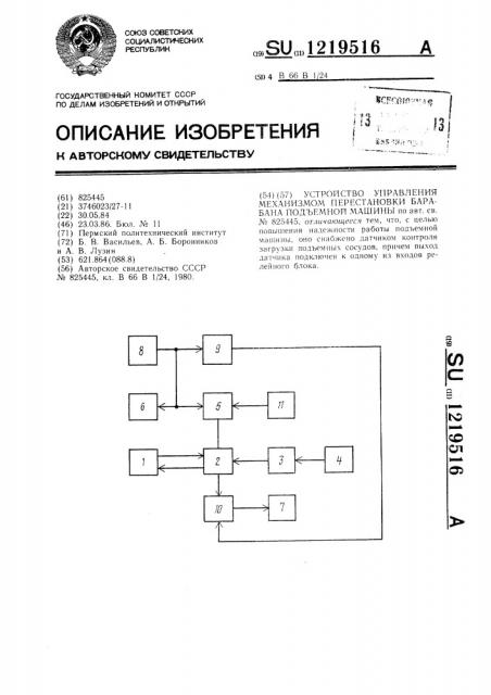 Устройство управления механизмом перестановки барабана подъемной машины (патент 1219516)