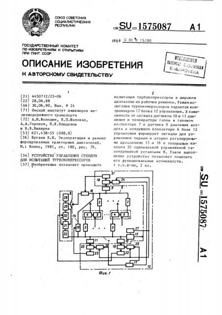 Устройство управления стендом для испытаний турбокомпрессоров (патент 1575087)