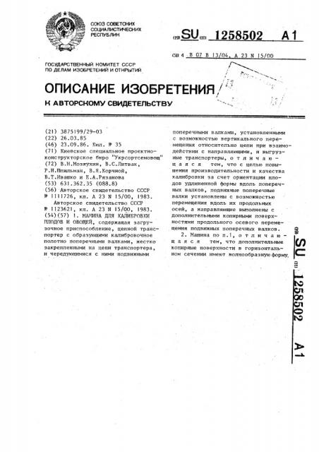 Машина для калибровки плодов и овощей (патент 1258502)