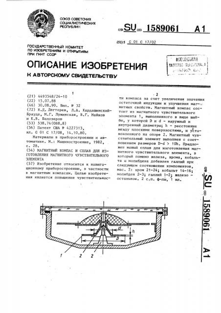 Магнитный компас и сплав для изготовления магнитного чувствительного элемента (патент 1589061)